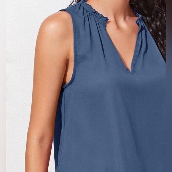 Steel blue notched neck frill trim blouse top size XL - Picture 3 of 8